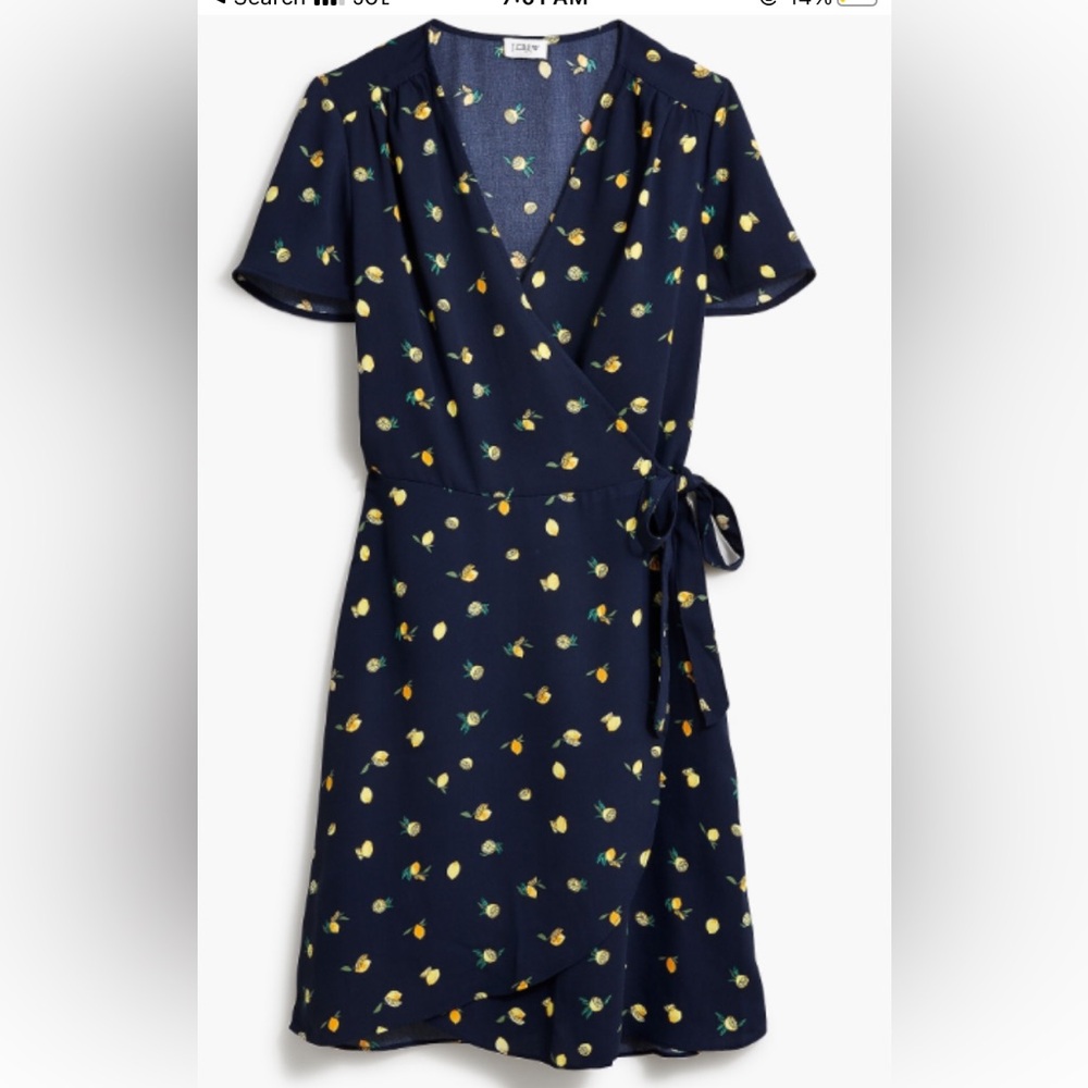 J. Crew 🍋 Lemon Print Navy Drapey Twill Wrap Dress Cottagecore Resort Retro Lux